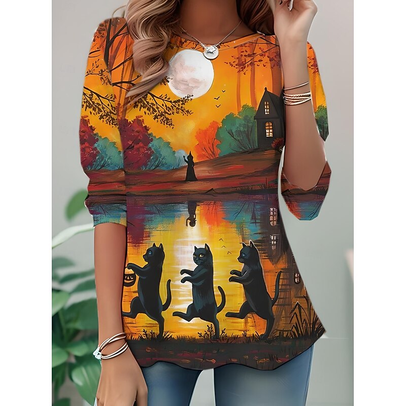 Halloween Women's T shirt Witch Crew Neck Long Sleeve Tunic Graphic Skull Cat Vintage Stylish Round Neck Regular Tops Daily Print Yellow Blue Orange Green Fall Winter4