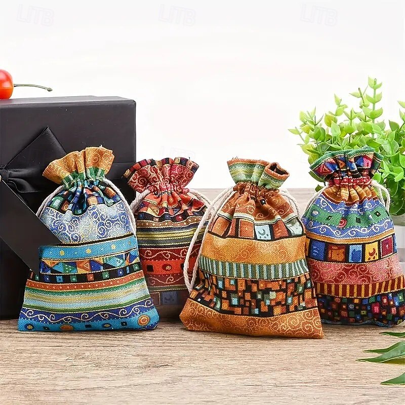 12PCS Woven Jewelry Gift Bags, Colorful Bohemian Drawstring Pouches, Patriotic-Themed Linen Bags for Weddings, Parties, Birthdays, Seasonal Celebrations in Spring, Summer, Fall and Winter2