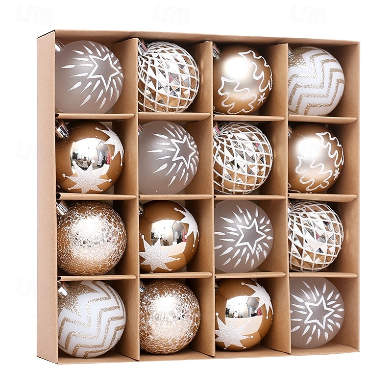 16 pcs Christmas Tree Balls Baubles Ornaments, 6 cm/2.36 inch Xmas Decoration, Champagne Gold & White Hanging Set, Home Party Tree Decor3