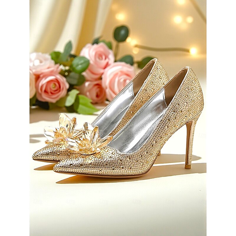 Women's Gold Crystal Embellished High Heel Pumps - Sparkly Rhinestone Pointed Toe Stilettos for Wedding, Evening Party and Formal Occasions