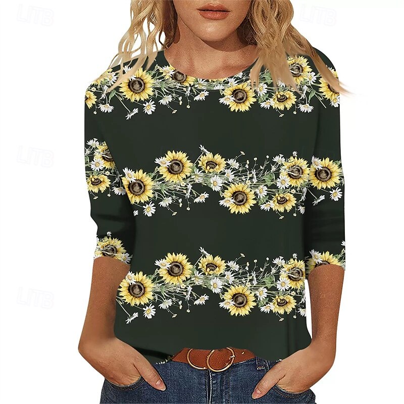 Women's T Shirt Graphic Sunflower Casual Short Sleeve Crew Neck Regular Tops Daily Going out Weekend Print Black White Yellow Green Dark Gray Fall4