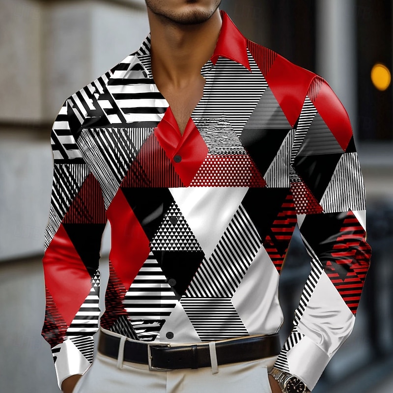 Men's Geometric Color Block Shirt Satin Shirt Dress Shirt Long Sleeve Fashion Casual Vacation Dailywear Summer Spring Fall Turndown 3D Print Button Up Shirts Red Blue Purple Green4