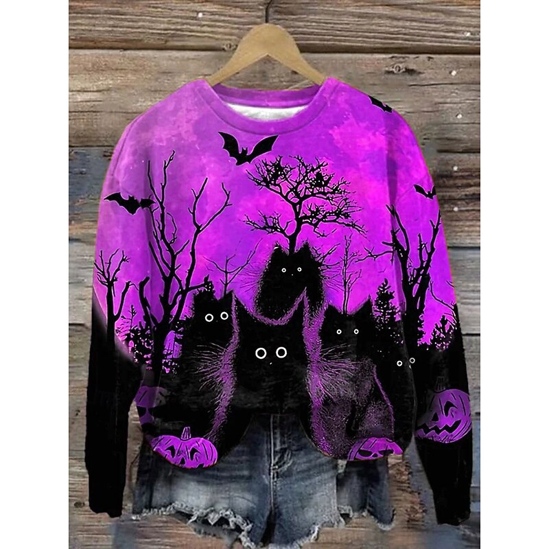 Halloween Women's Pullover Sweatshirt Black Cat Graphic Fashion Casual Long Sleeve Crew Neck Regular Tops Street Dailywear Casual Print Blue Purple Orange Green Fall Winter3