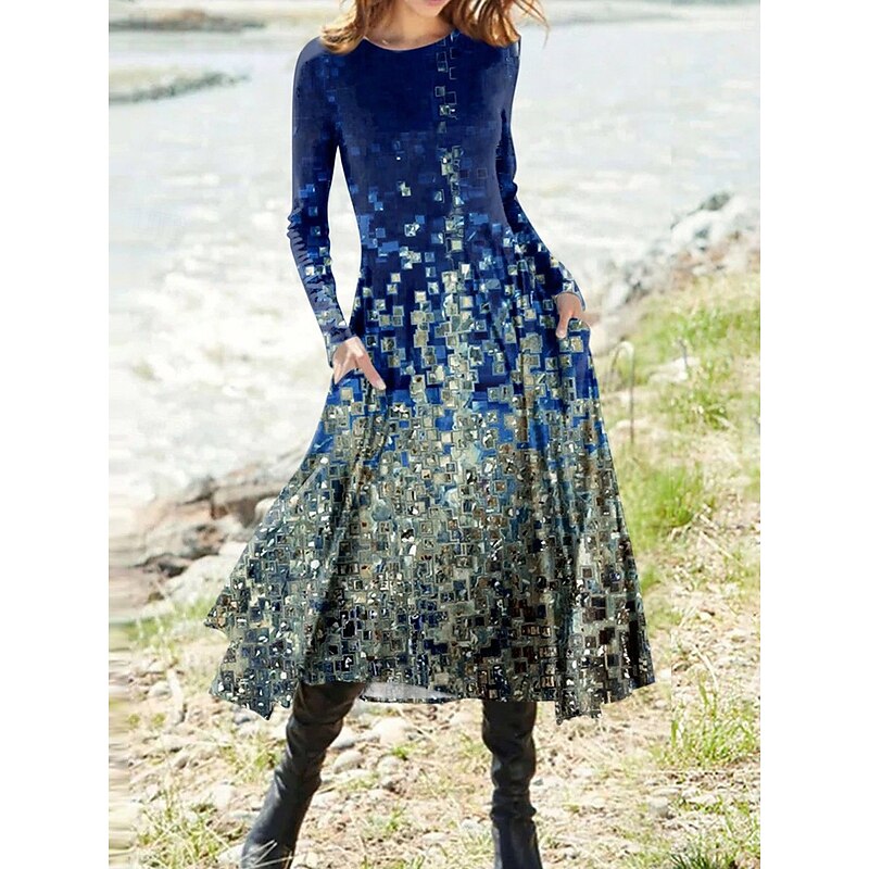 Women's Midi Dress A Line Dress Fit And Flare Dress Vacation Casual Daily Going out Regular Fit Ombre Graphic Geometric Long Sleeve Crew Neck White Pink Blue Gray Spring Fall Winter