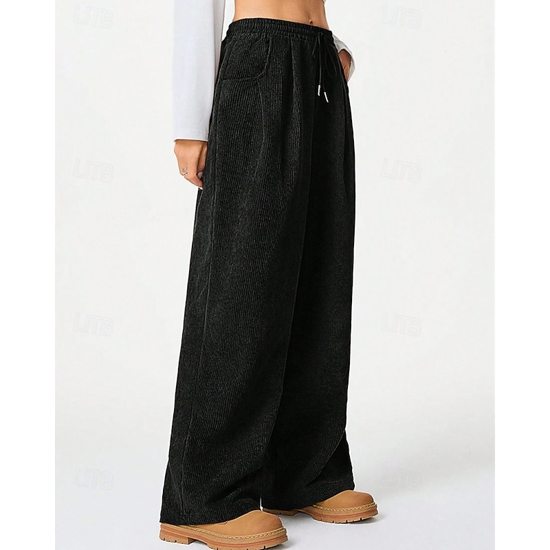 Women's Wide Leg Corduroy Pants Slacks Streetwear Casual Full Length Natural Plain Drawstring Comfortable Street Holiday Daily Wear Navy Black Green Coffee Fall Regular Fit4