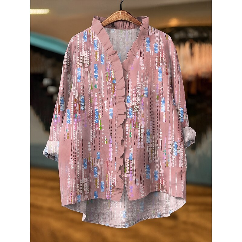 Women's Blouse Graphic Geometric Elegant Active Vintage Long Sleeve Daily Holiday Ruffle Pink Blue Purple Green Summer Spring Fall4