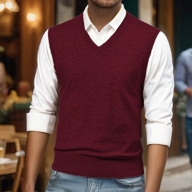 Men's Sweater Vest Dress Sweater Pullover Sweater Jumper Vest Knit Sweater Ribbed Knit Regular Tops Knitted Plain V Neck Fashion Casual Vacation Daily Wear Clothing Apparel Spring Fall Camel Black S3