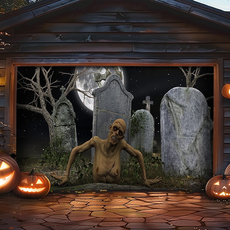 Halloween Tapestry Garage Door Cover Large Hanging Backdrop Zombies Cemetery Dark Punk Gothic Style Party Outdoor Shooting Backgrounds Front Door Home Decor