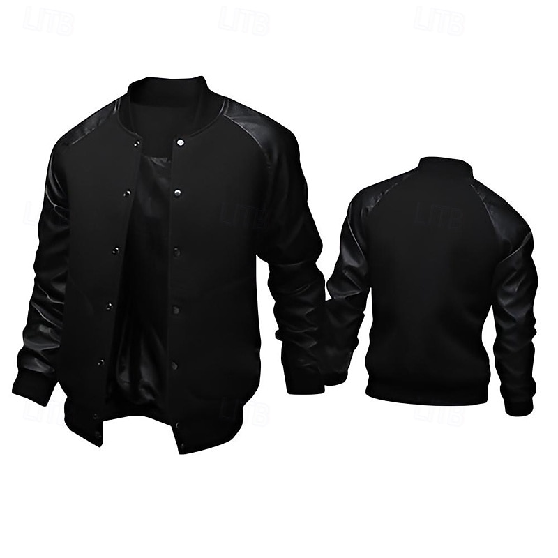 Men's Bomber Jacket Transition Jacket Varsity Jacket Training Vacation Leather Sleeved Spring Fall Solid Color Basic Regular Black White Light Grey Dark Gray Jacket2