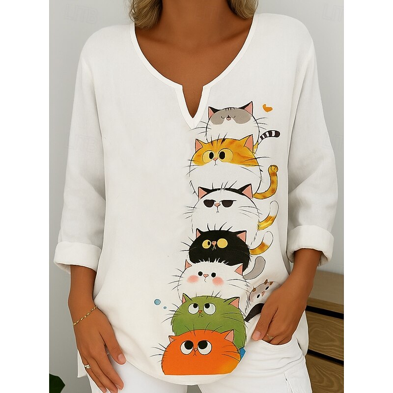 Women's Cotton Linen Shirt Graphic Animal Abstract Elegant Bohemia Vintage Long Sleeve V Neck Regular Tops Daily Holiday White Orange Summer Spring2