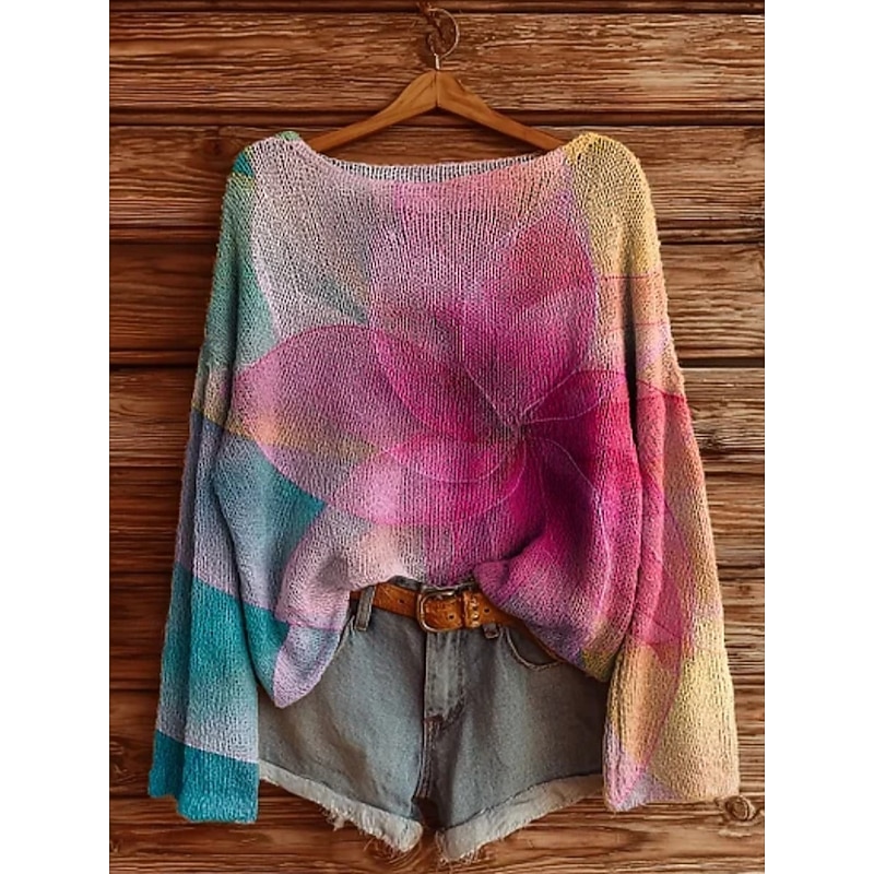 Women's Sweater Casual Floral Stylish Modern Long Sleeve Crew Neck Soft Regular Tops Daily Holiday Print Purple Green Gray Spring Fall Winter
