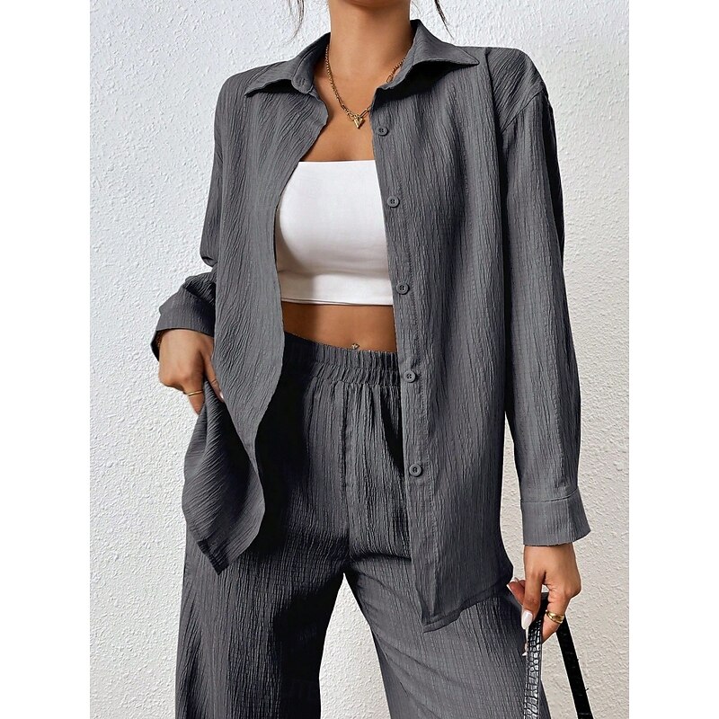 Women's Fashion Streetwear Pants Sets Long Sleeve Shirt Collar Solid Color Daily Wear Date Black Beige Gray Spring Regular Fit4