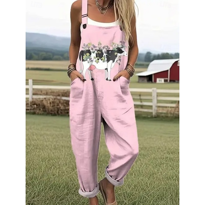 Women's Dungarees Active Floral Sleeveless Sleeveless Straight Square Neck Pocket with Pocket Vacation Daily Loose Fit White Pink Green Summer2