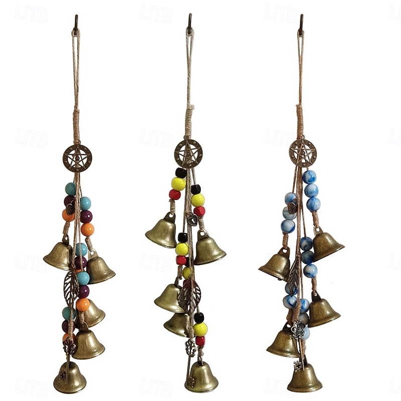Vintage Halloween Witch Bell Wind Chime Hanging Bronze Metal with Ceramic & Wood Beads Door Handle Protector Perfect for Outdoor, Porch, Yard Decor