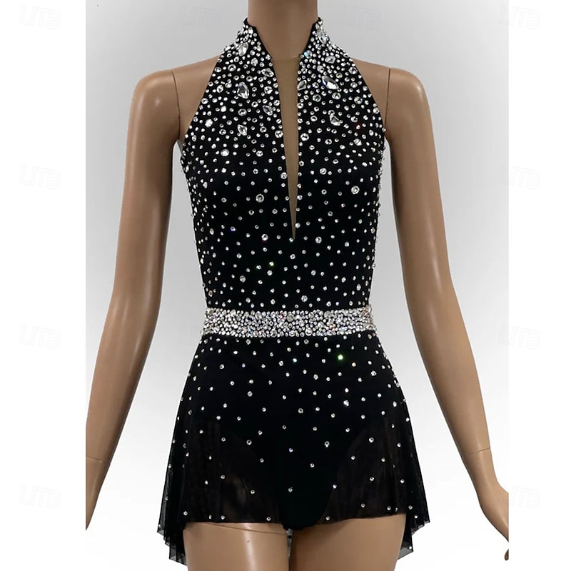 Figure Skating Dress Women's Girls' Ice Skating Dress Black Open Back Asymmetric Hem Mesh High Elasticity Training Competition Skating Wear Classic Crystal / Rhinestone Sleeveless Ice Skating Figure