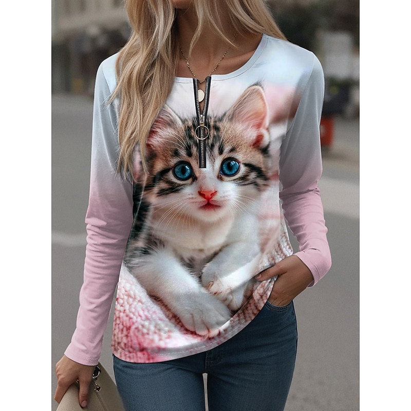 Women's T Shirt Graphic Animal Vintage Casual Long Sleeve Crew Neck Notched Neck Regular Tops Daily Weekend Zipper Print Pink Purple Green Spring Fall Winter