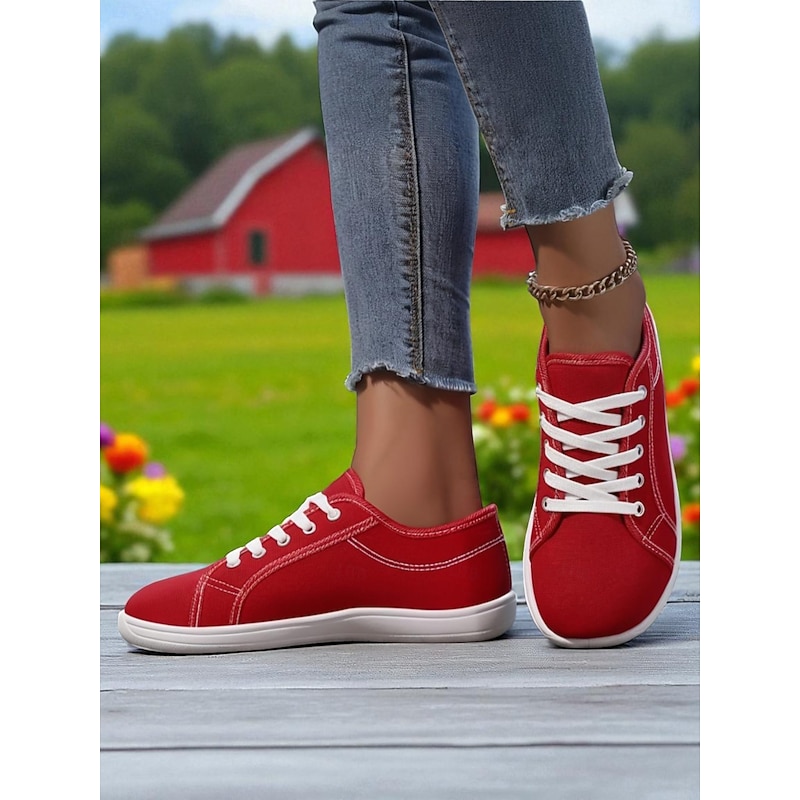 Women's Red Wide Fit Canvas Lace-Up Sneakers – Lightweight Casual Walking Shoes, Breathable Streetwear & Travel Footwear4