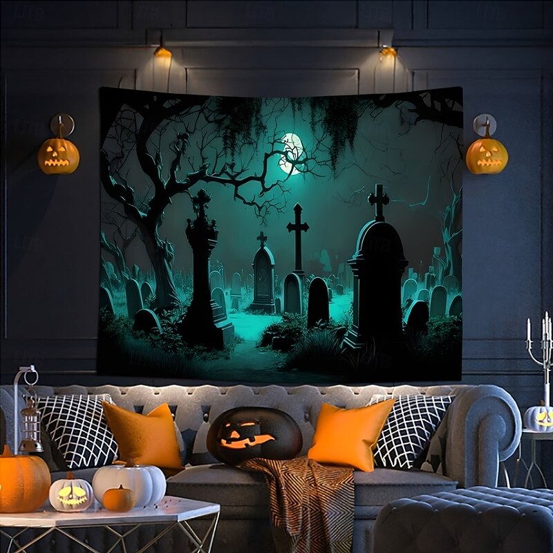 Haunted Graveyard Tapestry – Spooky Forest Cemetery Wall Hanging with Moonlight and Mist, Gothic Halloween Wall Decoration for Bedroom or Party Room3