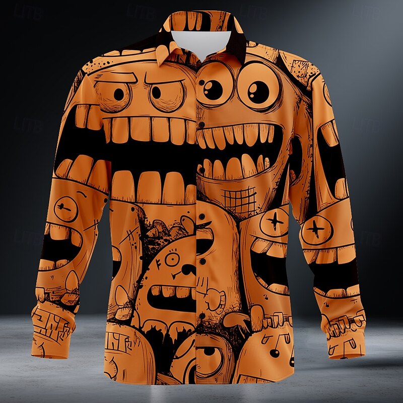 Men's Cartoon Funny Smile Face Shirt Button Up Shirt Long Sleeve Vintage Retro Outdoor Holiday Summer Spring Turndown 3D Print Collared Shirts Dark Green Orange Dark Blue Gray2