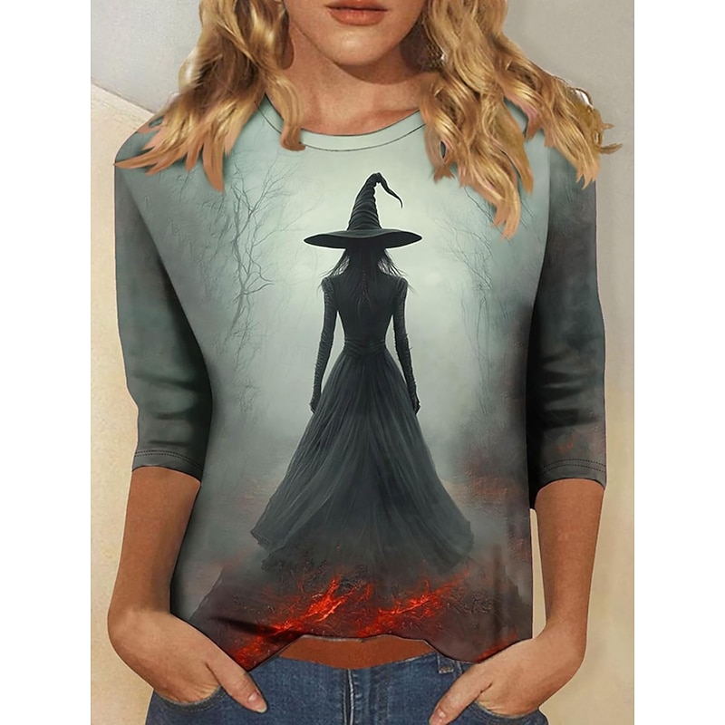 Halloween Women's T shirt Witch Graphic Skull Vintage Fashion Stylish Long Sleeve Crew Neck Round Neck Regular Tops Daily Weekend Print Navy Blue Gray Summer Spring Fall