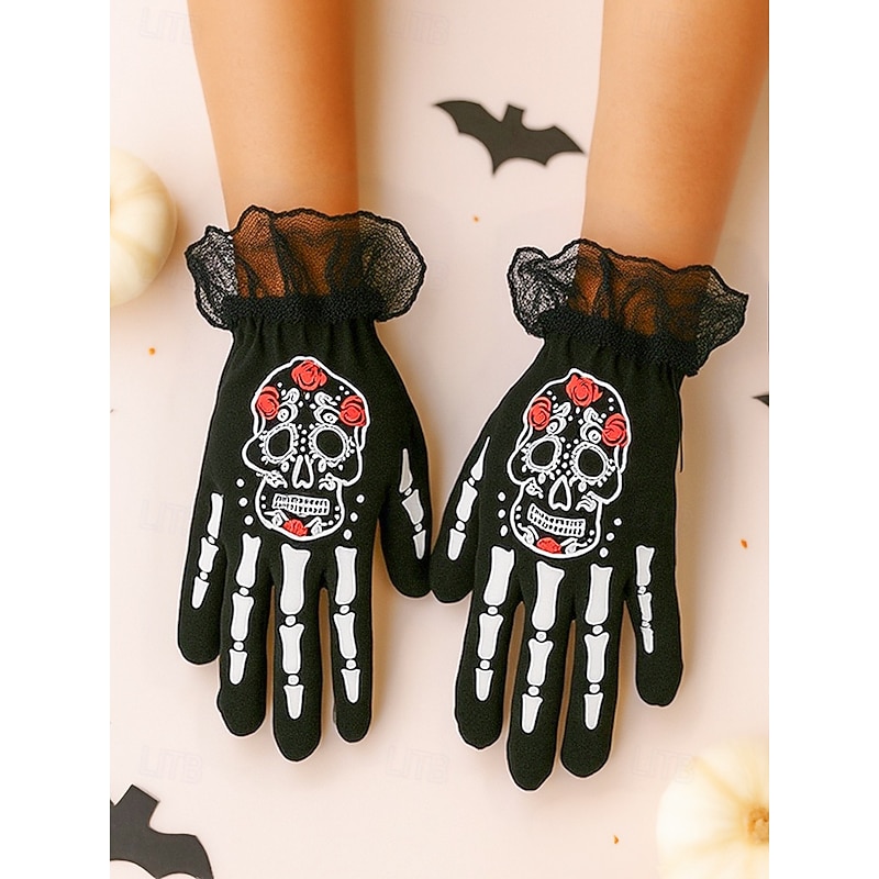 Women's Halloween Skeleton Gloves – Black Lace Cuff Sugar Skull Printed Costume Accessories for Party, Cosplay and Nightlife