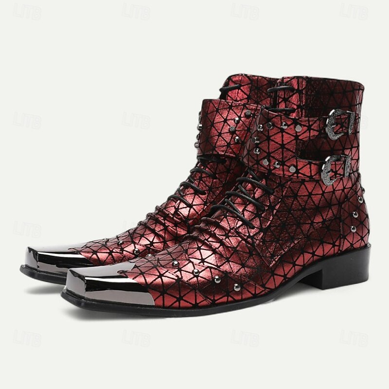 Men's Red Geometric Pattern Lace-Up Boots – Gothic Punk Pointed Toe Ankle Shoes for Concerts, Cosplay and Clubwear2