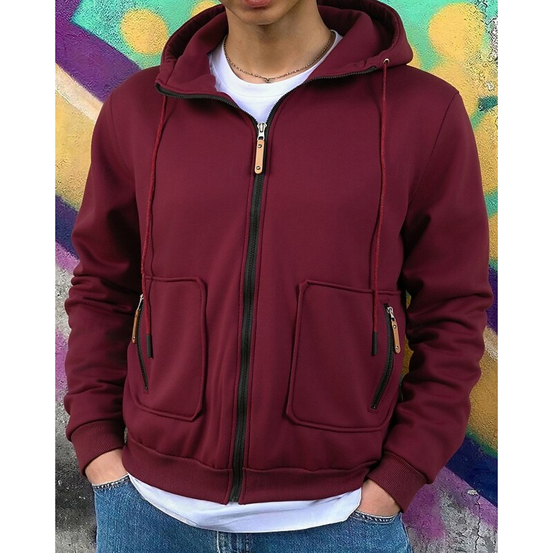 Men's Hoodie Full Zip Hoodie Black Wine Hooded Plain Drawstring Pocket Sports & Outdoor Daily Holiday Polyester Streetwear Basic Casual Spring Fall Clothing Apparel Hoodies Sweatshirts