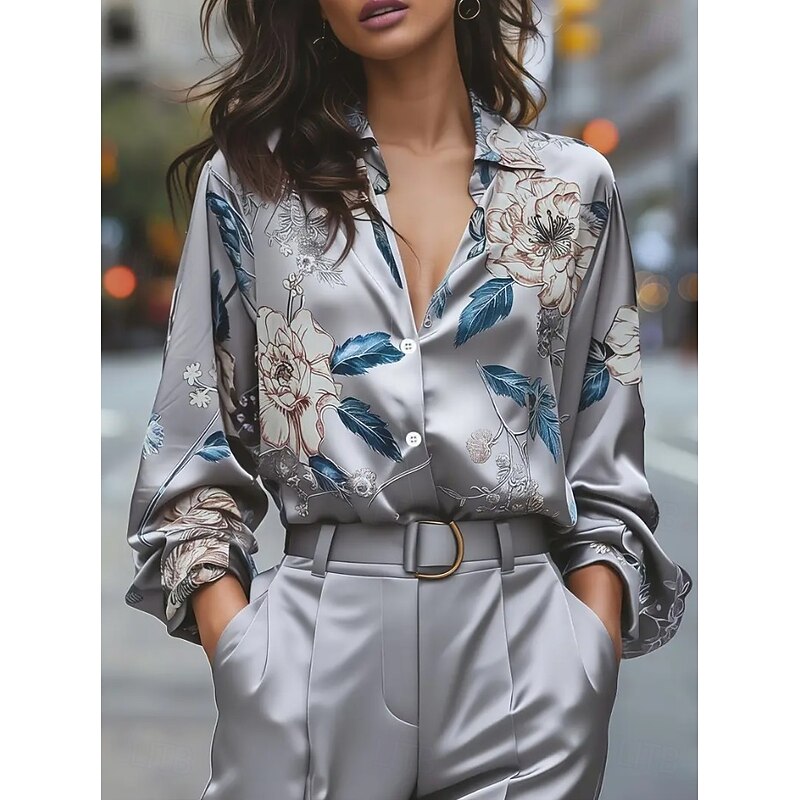 Women's Work Shirt Floral Graphic Elegant Stylish Casual Long Sleeve Shirt Collar Regular Tops Work Party Evening Wear Daily Royal Blue Fuchsia Gold Green Gray Spring Spring, Fall, Winter, Summer3