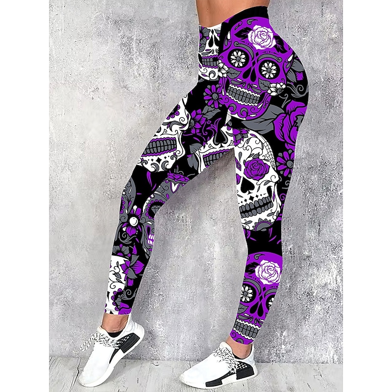 Women's Leggings Vacation Vintage Fashion Full Length High WaistPantsHalloween Graphic Skull Printing Soft Breathable High Elasticity Formal Outdoor Vacation Violet Spring Fall Winter Slim Fit