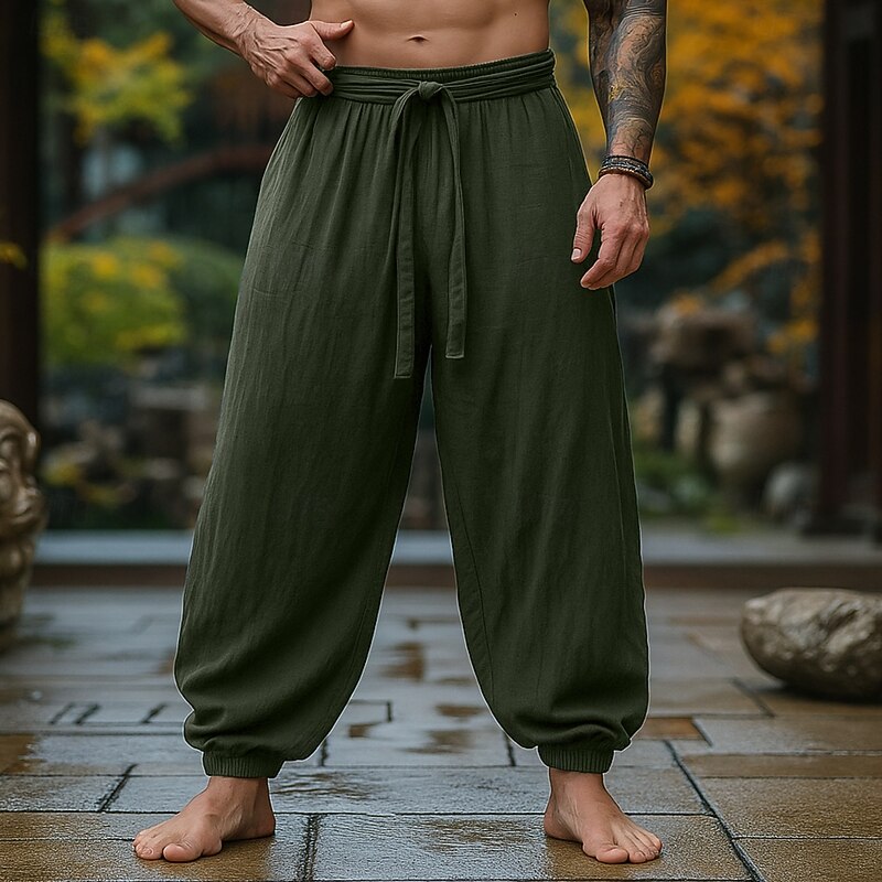 Men's Linen Pants Trousers Summer Pants Baggy Pants Elastic Cuff Plain Comfort Breathable Full Length Outdoor Casual Daily Vacation Vintage Army Green Red Inelastic4