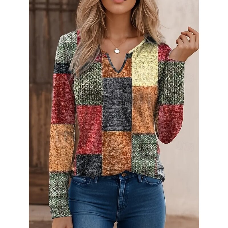 Women's T Shirt Graphic Geometric Striped Vintage Stylish Classic Long Sleeve V Neck Notched Neck Regular Tops Daily Weekend Print Red Blue Orange Gray Spring Fall Winter3