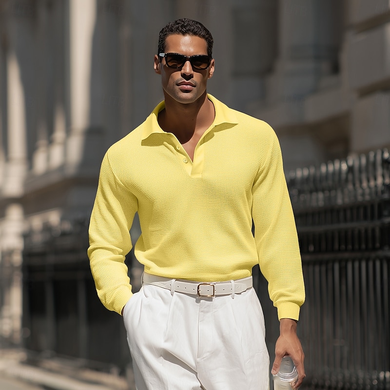 Men's Waffle Polo Shirts Golf Shirt Street Casual Lapel Long Sleeve Basic Modern Plain Textured Buttons Summer Spring Fall Regular Fit Black White Yellow Red Blue Gray Waffle Polo Shirts3