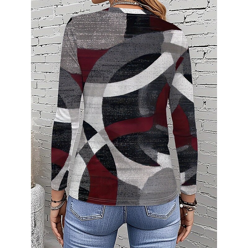 Women's T Shirt Graphic Geometric Geometry Vintage Stylish Classic Long Sleeve Crew Neck Round Neck Regular Tops Daily Print Wine Spring Fall Winter2