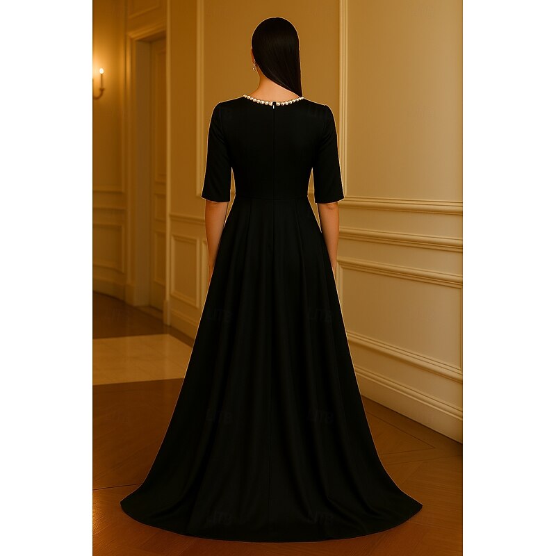 Black Red A-Line Evening Gown Elegant Dress Formal Wedding Floor Length Half Sleeve Crew Neck Pocket Satin with Bow(s) Pearls 20253
