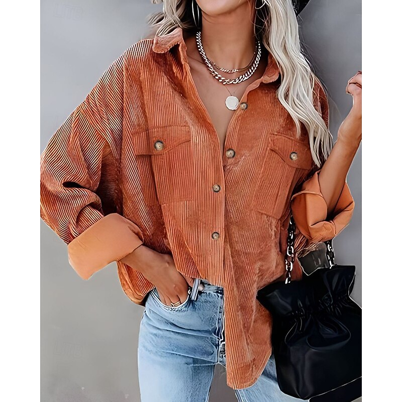 Women's Shirt Jacket Shacket Comfortable Pocket Buttons Casual Plain Holiday Going out Weekend Single Breasted Regular Turndown Regular Fit Long Sleeve Outerwear Brown Army Green Dark Gray Fall Winter3