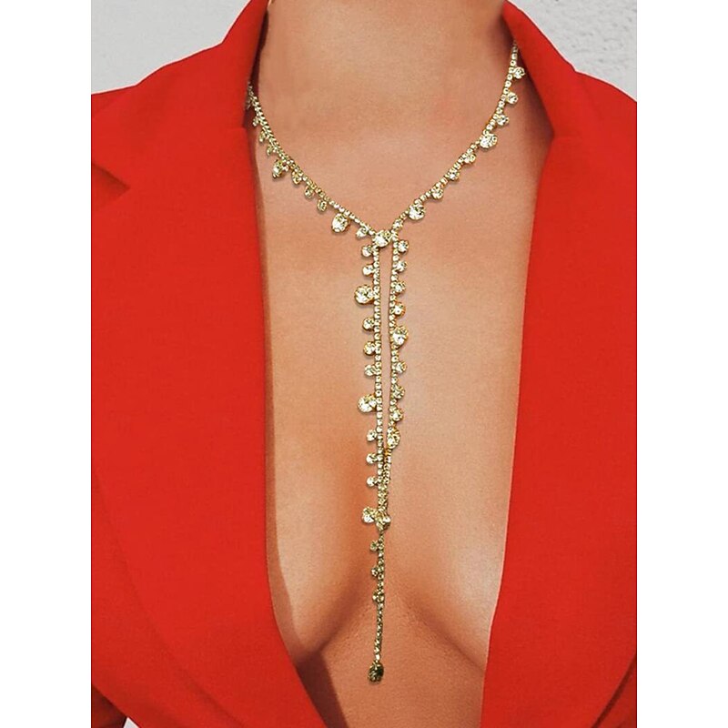 Women's Rhinestone Y-Shaped Choker Necklace - Sparkling Crystal Statement Jewelry for Deep V-Neck Dresses and Party Occasions3