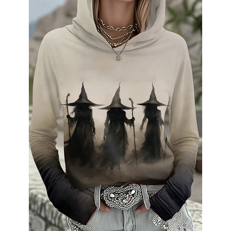 Halloween Women's Pullover Hoodie Sweatshirt Witch Graphic Vintage Fashion Western Long Sleeve Hooded Regular Tops Street Dailywear Holiday Print Black Wine Brown Khaki Fall Winter