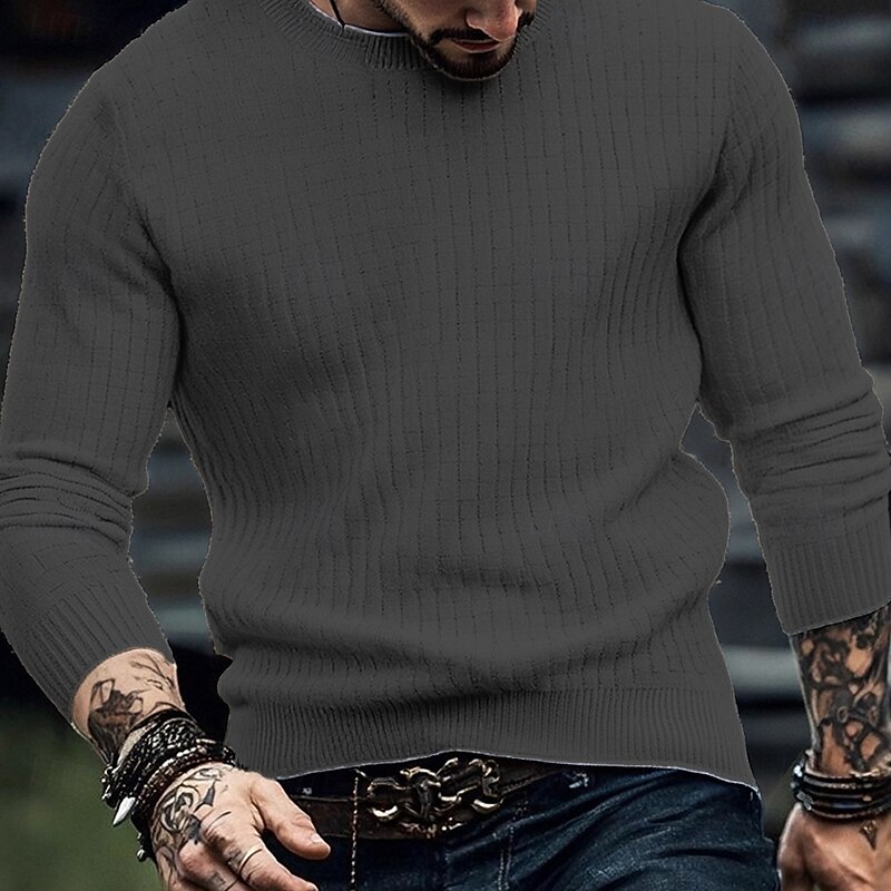 Men's Pullover Sweater Jumper Knit Sweater Ribbed Knit Regular Tops Knitted Plain Crew Neck Fashion Basic Vacation Daily Wear Clothing Apparel Fall Winter Wine Black S M L4
