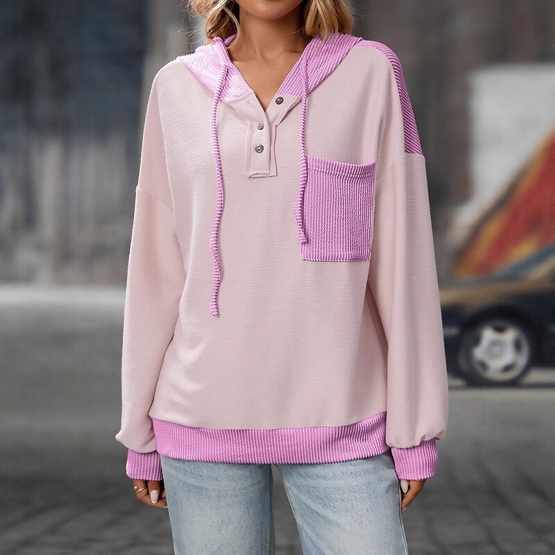 Women's Blouse Solid Color Vintage Daily Stylish Long Sleeve Hooded Regular Tops Daily Holiday Patchwork White + blue Light Purple Green Apricot Rose Pink Spring Fall Winter2
