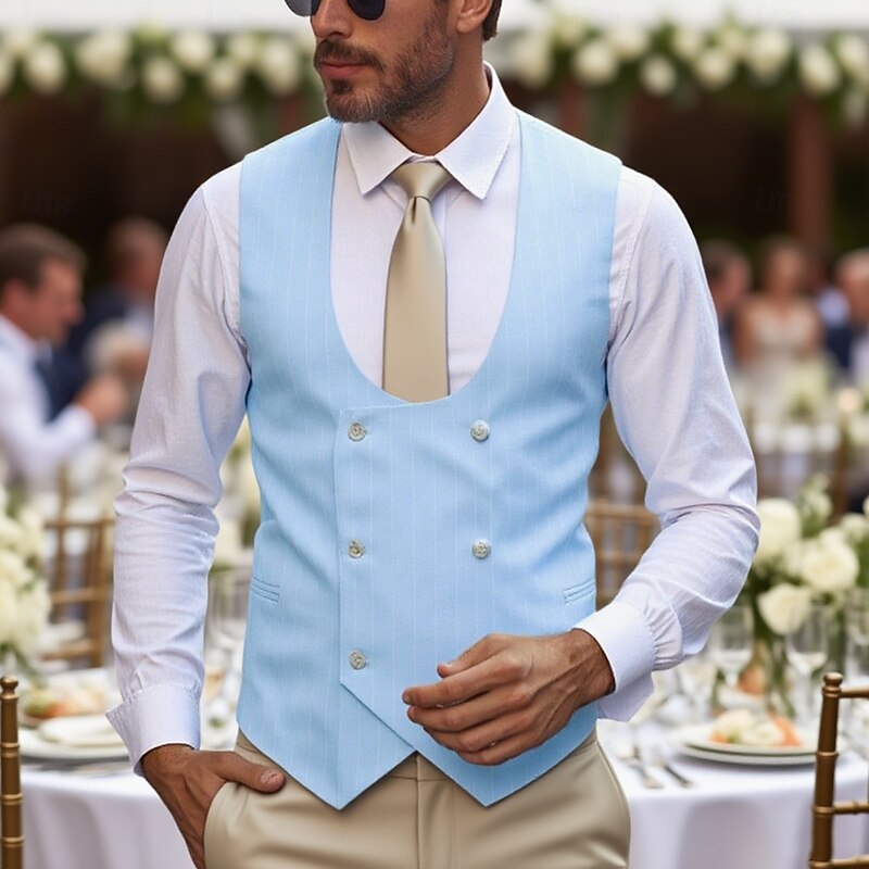 Men's Suit Vest Waistcoat Business Cocktail Party Wedding Party Vintage Fashion Spring Spring &  Fall Pocket Buttons Polyester Comfortable Striped Stripes Double Breasted U Neck Slim Sky Blue Vest
