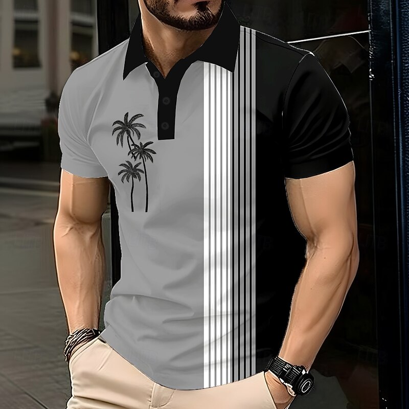 Men's Palm Tree Polo Short Sleeve Polo Shirts Lapel Casual Resort Athleisure Hawaiian 3D Print Buttons Summer Blue Purple Brown