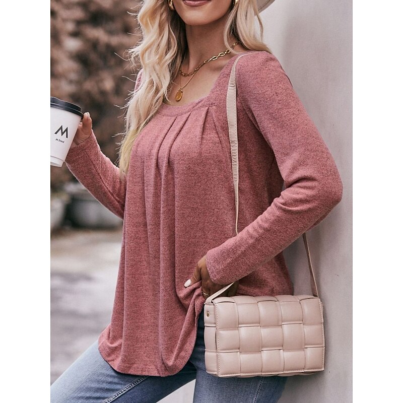 Women's Blouse Solid Color Floral Plain Stylish Casual Long Sleeve Square Neck Regular Tops Daily Ruched Black Pink Blue Light Blue Summer Spring Fall3