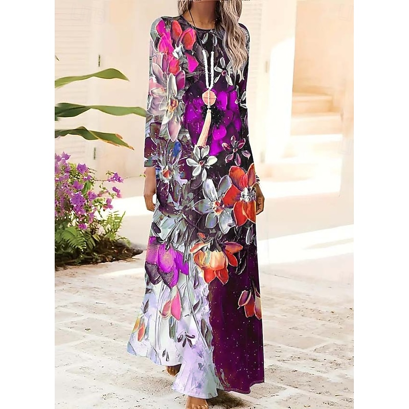 Women's Maxi Dress Shift Dress A Line Dress Party Casual Boho Daily Date Going out Regular Fit Floral Graphic Tie Dye Long Sleeve Crew Neck Red Blue Green Spring Fall Winter Autumn2
