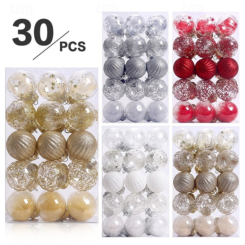 30 pcs Christmas Tree Balls Baubles Ornaments, 6 cm/2.36 inch Xmas Decoration, Painted Clear PET Hanging Set, Christmas Ball Gift Set for Tree Decor