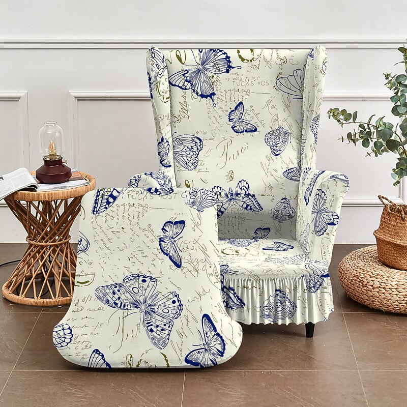 Wingback Chair Cover Floral Striped Geometric Print Polyester Slipcover | Stretchable Furniture Protector for Living Room, Dining, Office4