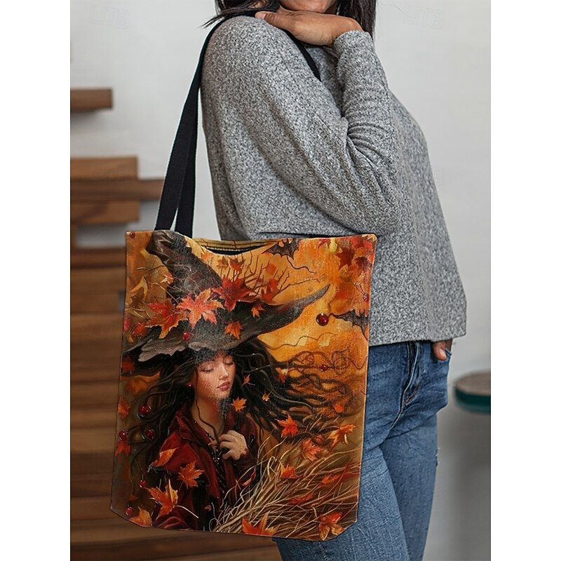 Women's Tote Canvas Tote Bag Polyester Halloween Shopping Casual Print Large Capacity Foldable Lightweight Witch Black orange Black Orange3