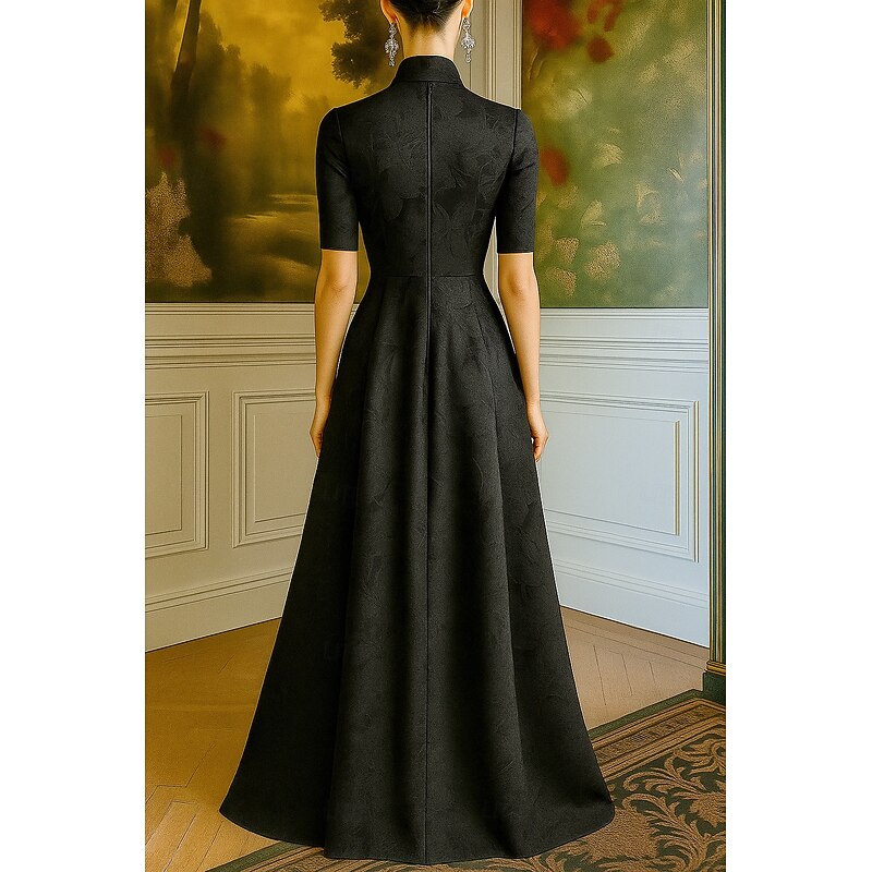 Black Tie Jacquard Brocade A-Line Evening Gown Elegant Dress Formal Wedding Floor Length 3/4 Length Sleeve V Neck Pocket Nylon with Bow(s) Strappy 20252