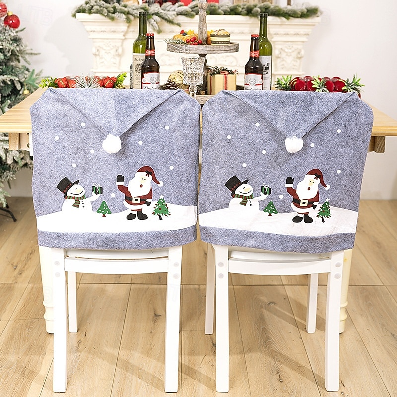 2Pcs Christmas Gray Chair Covers, Non-Woven Santa Claus & Snowman Chair Back Covers, Holiday Dining Chair Decorations, Gray Printed Santa Hat Slipcovers