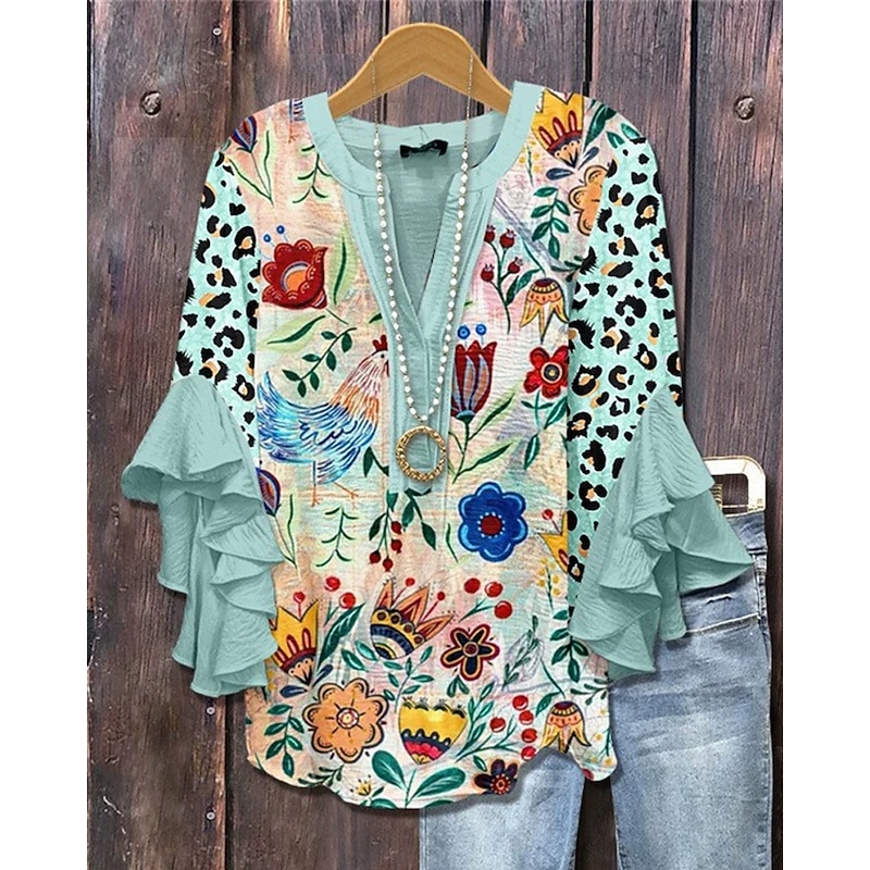 Women's T Shirt Floral Fashion Modern 3/4 Length Sleeve V Neck Regular Tops Daily Ruffle Print Blue Summer