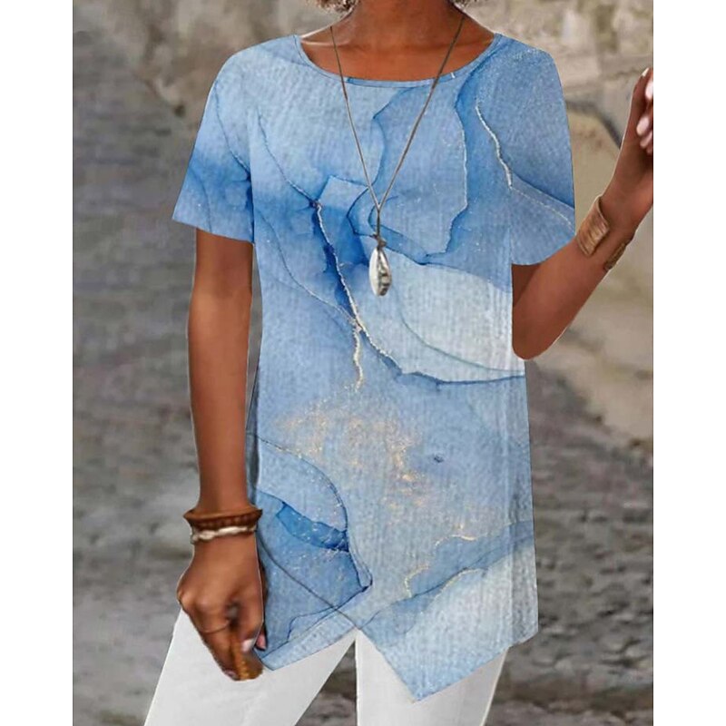 Women's T Shirt Tee Top Graphic Fashion Modern Short Sleeve Crew Neck Regular Tops Daily Going out Beach Wear Print Asymmetrical Blue Sky Blue Purple Rose Pink Light Blue Summer